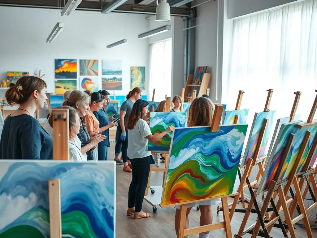 A photograph of participants actively engaged in an art workshop, with paintbrushes and canvases visible, set in a bright and creative studio environment.