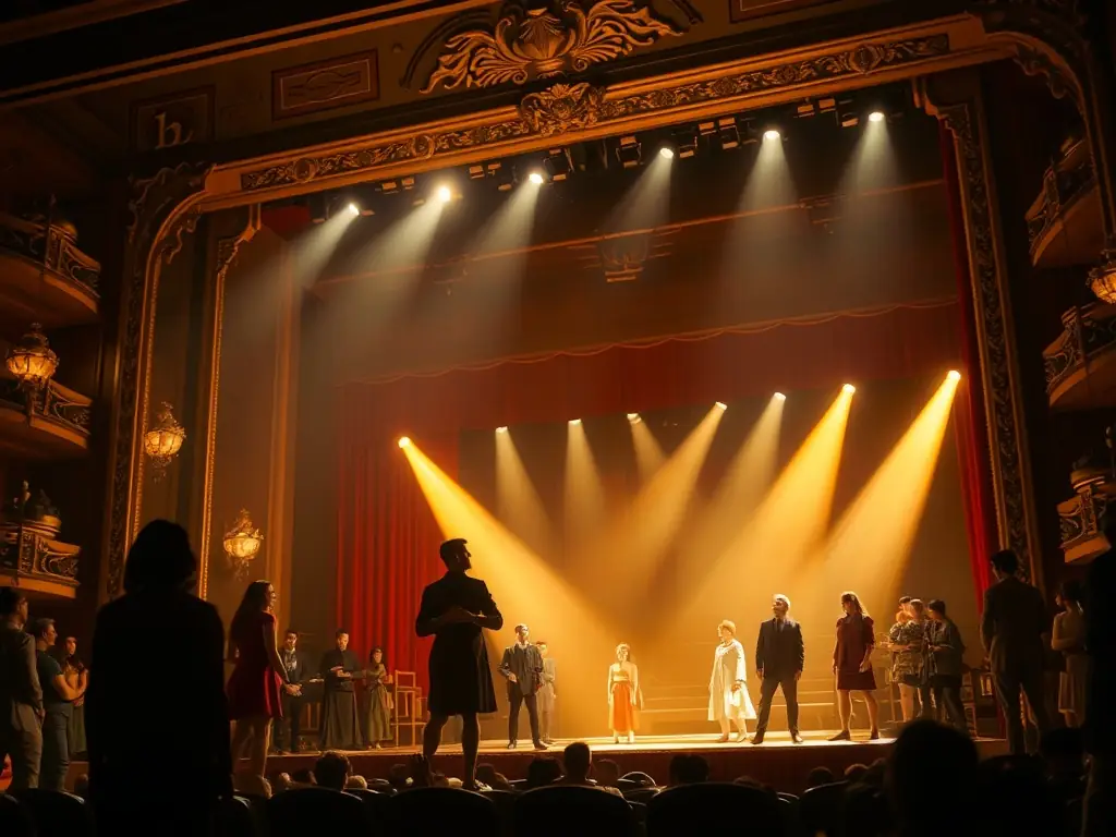 An inspiring image of a theatrical performance with an engaged audience, showcasing vibrant stage lighting and expressive actors.