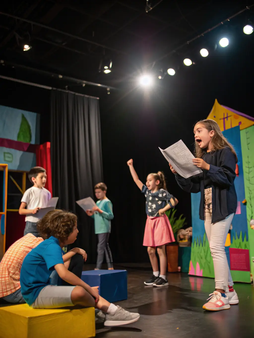 A vibrant photograph capturing children participating in a theatrical workshop, showcasing them actively engaged in acting exercises and creative expression, set against a backdrop of colorful stage props and costumes, reflecting IMAGE's commitment to fostering creativity.