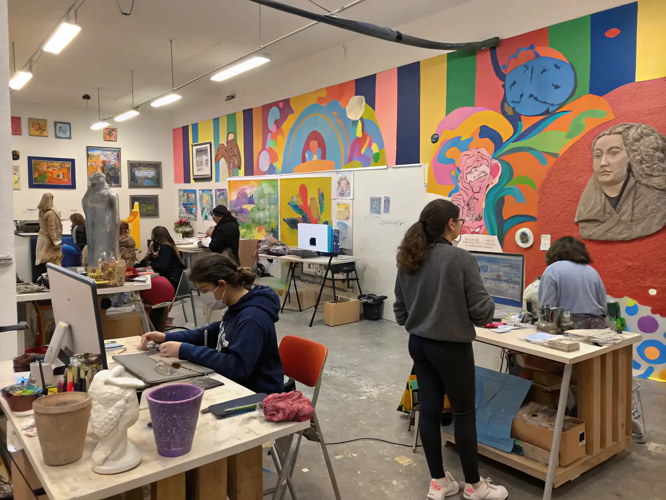 A dynamic image of an art workshop in progress, featuring participants of various ages engaged in painting and sculpting, with an instructor providing guidance and encouragement.