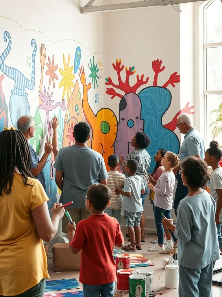 A heartwarming photograph of volunteers and community members collaborating on a mural project, painting vibrant colors and meaningful designs on a public wall, symbolizing IMAGE's dedication to community engagement and beautification.